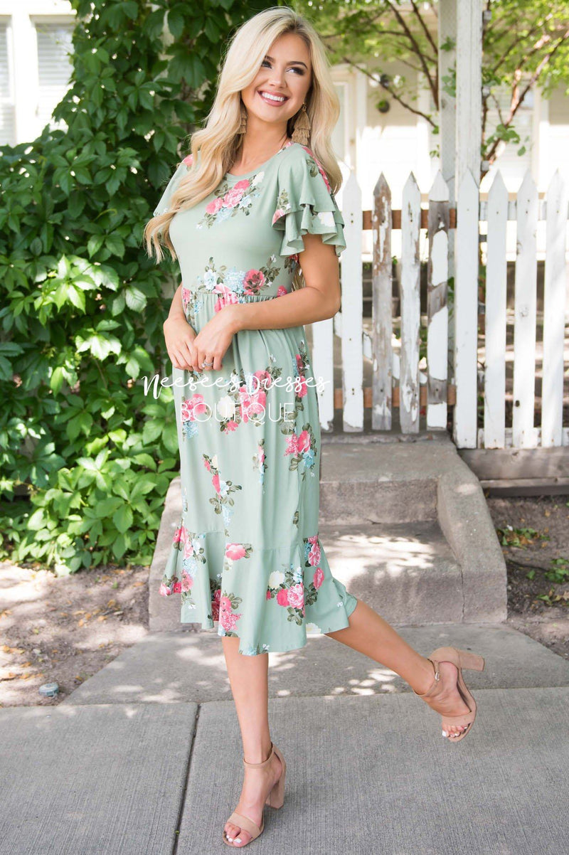 Sage Floral Ruffle Sleeve Modest Dress | Best and Affordable Modest ...