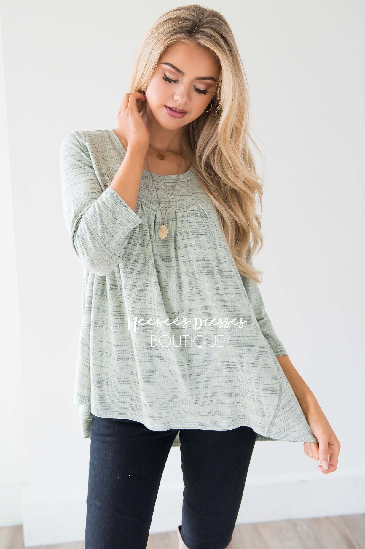 Heather Sage Pleated Detail Top Tops vendor-unknown 