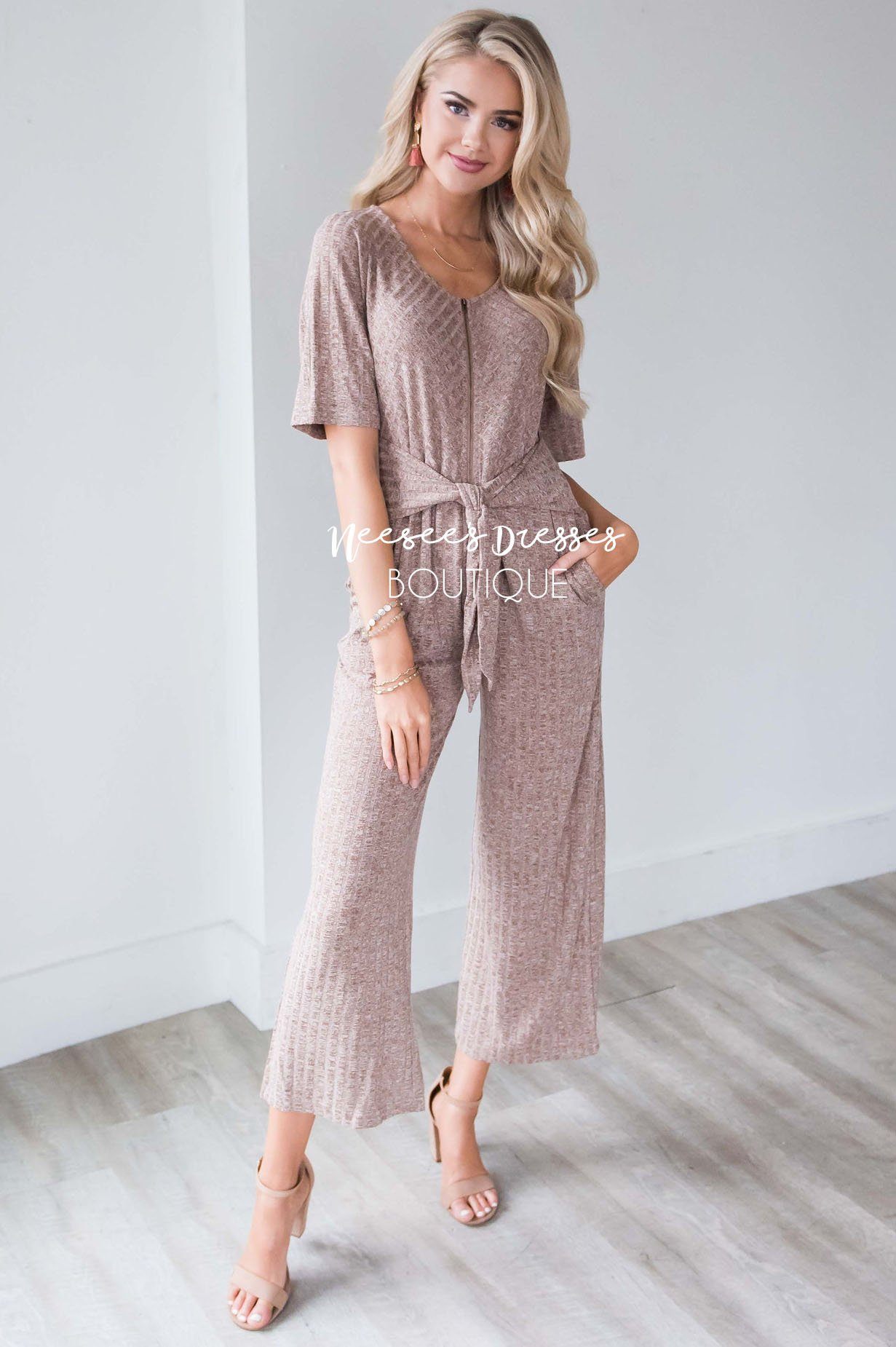 Mocha Zipper & Tie Front Jumpsuit Modest Dresses vendor-unknown 