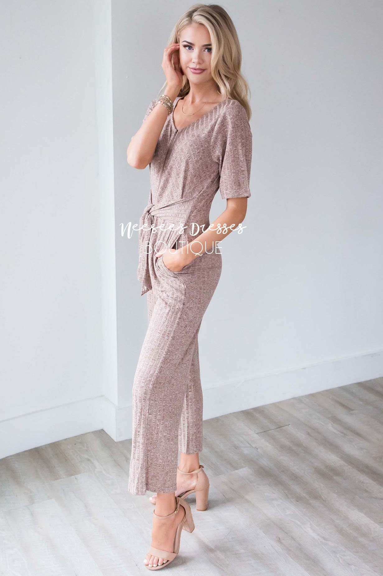 Mocha Zipper & Tie Front Jumpsuit Modest Dresses vendor-unknown 