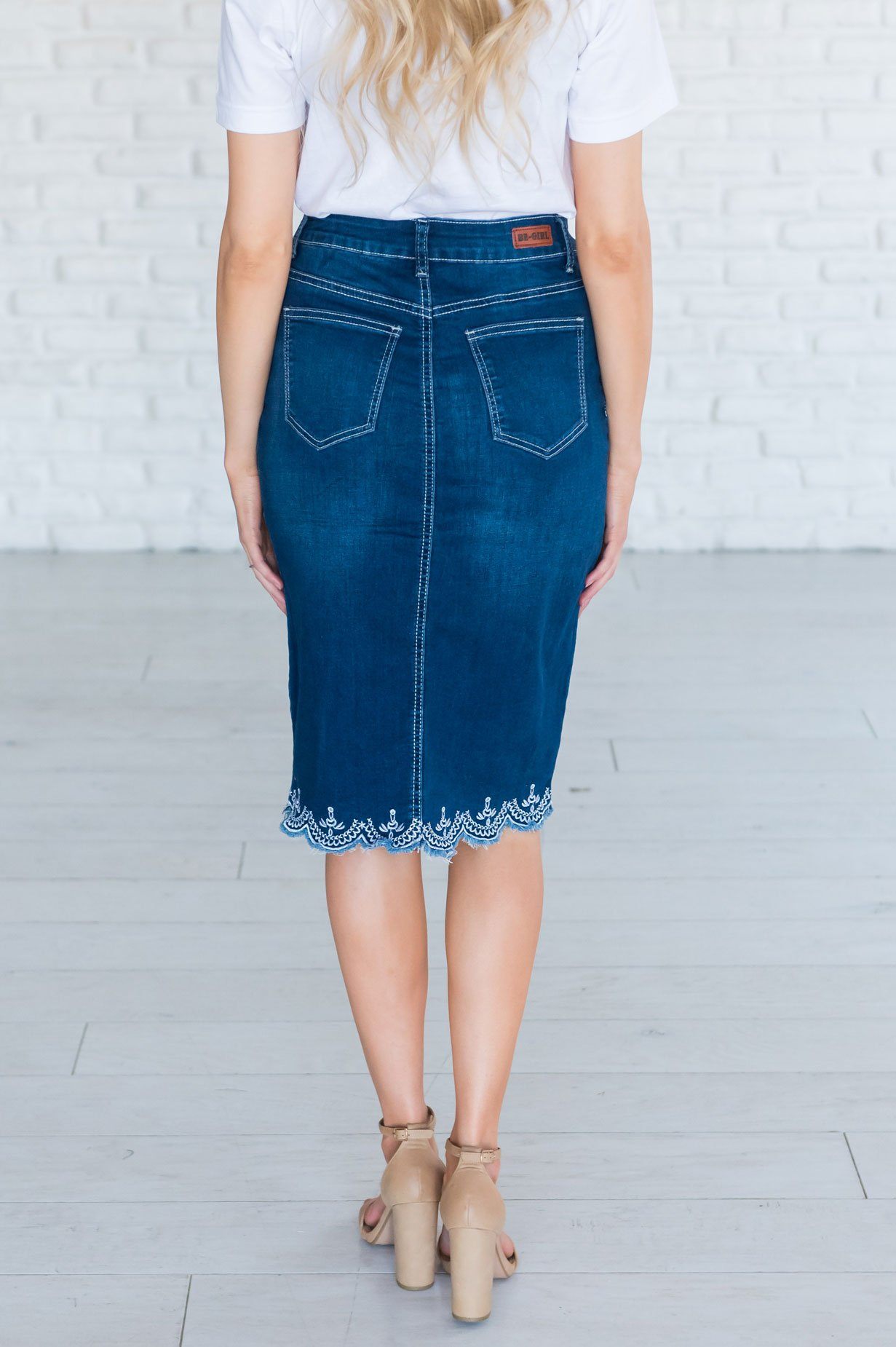 Indigo Wash Scallop Denim Skirt Modest Dresses vendor-unknown 
