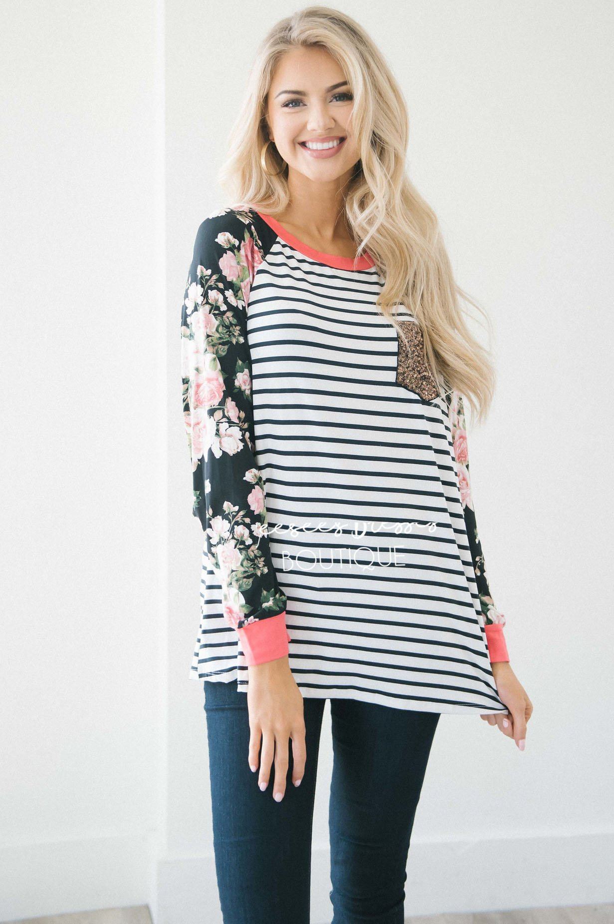 Sequin Pocket Striped Floral Sleeve Top Tops vendor-unknown 