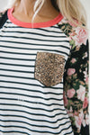 Sequin Pocket Striped Floral Sleeve Top Tops vendor-unknown