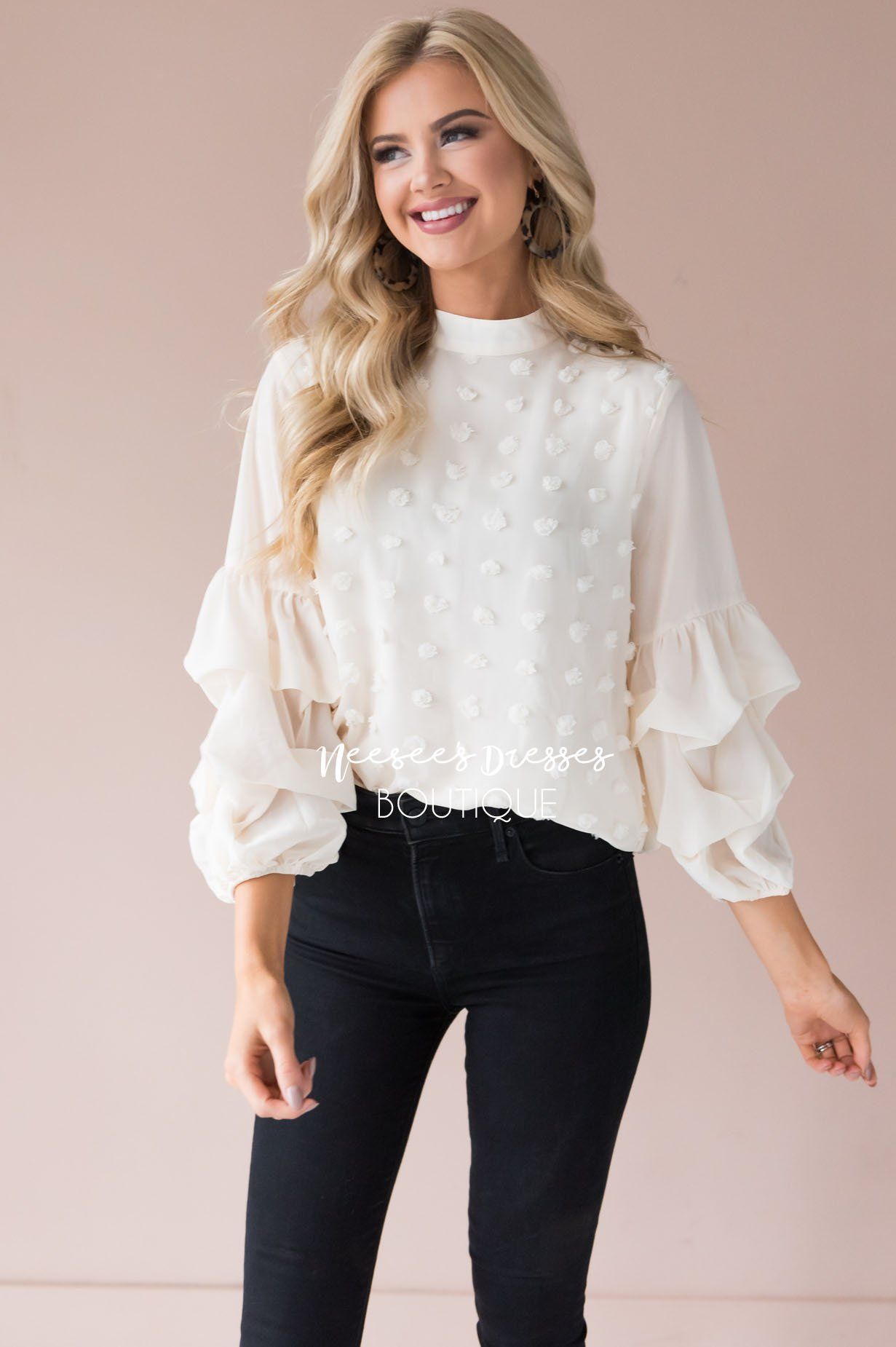 Cream Swiss Dot Blouse  Cute Comfy blouse - NeeSee's Dresses