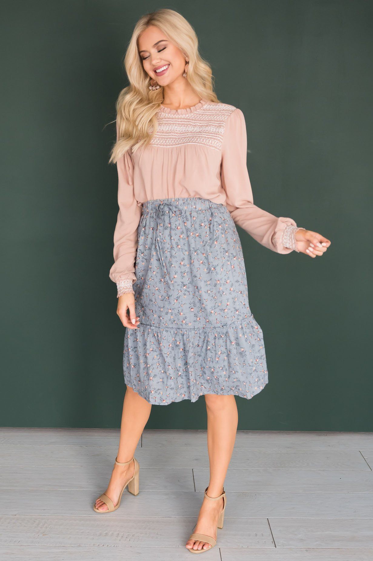 Antique Blue Floral Ruffle Skirt Skirts vendor-unknown 