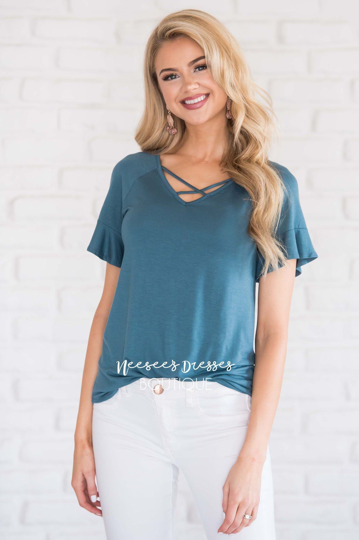 Criss Cross Flutter Sleeve Top Tops vendor-unknown 