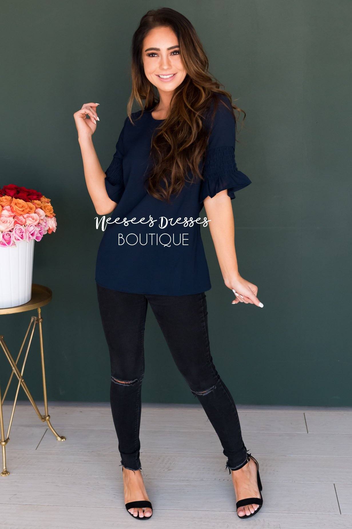 Something New Gathered Sleeve Top Modest Dresses vendor-unknown 