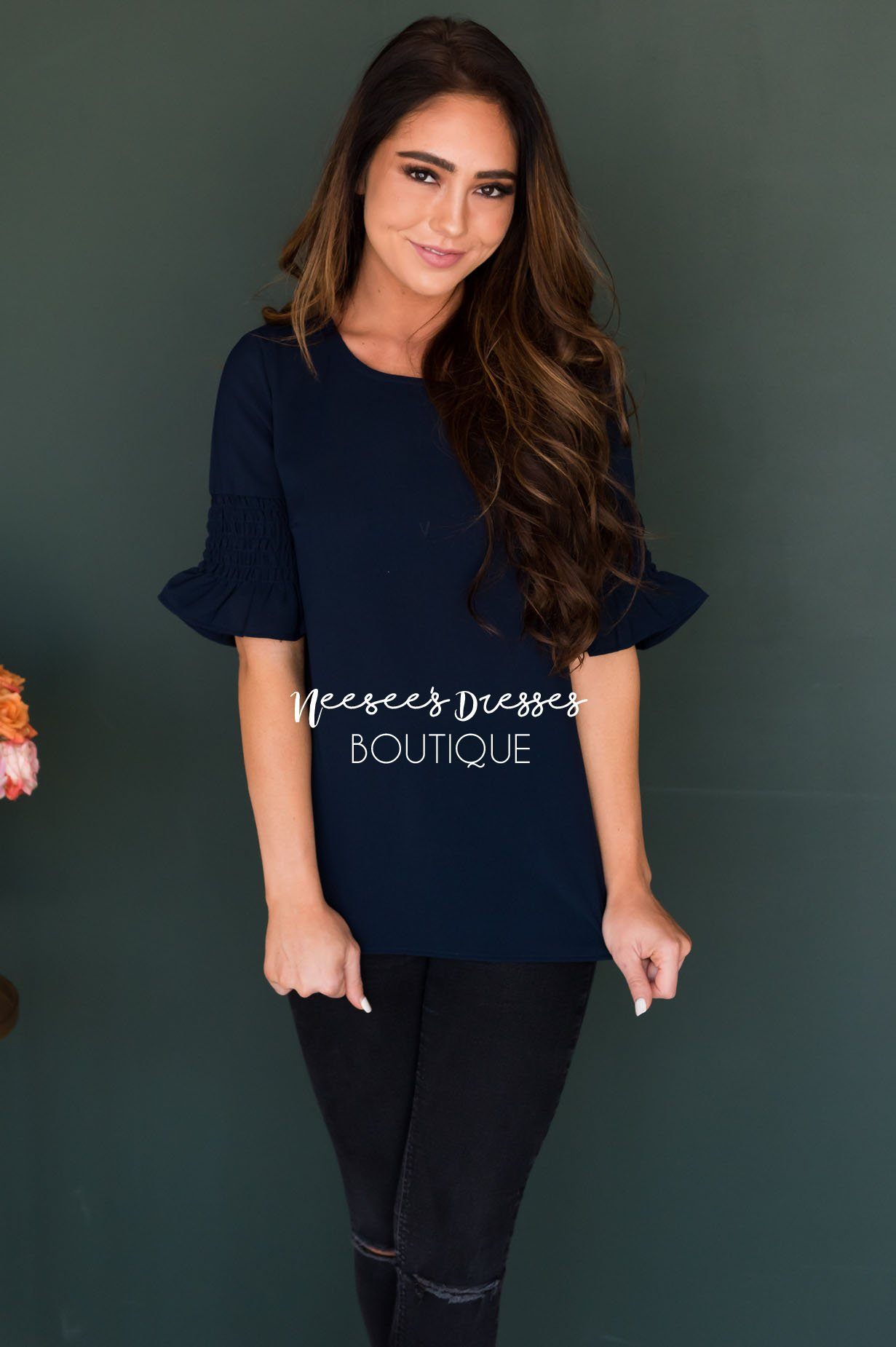 Something New Gathered Sleeve Top Modest Dresses vendor-unknown 