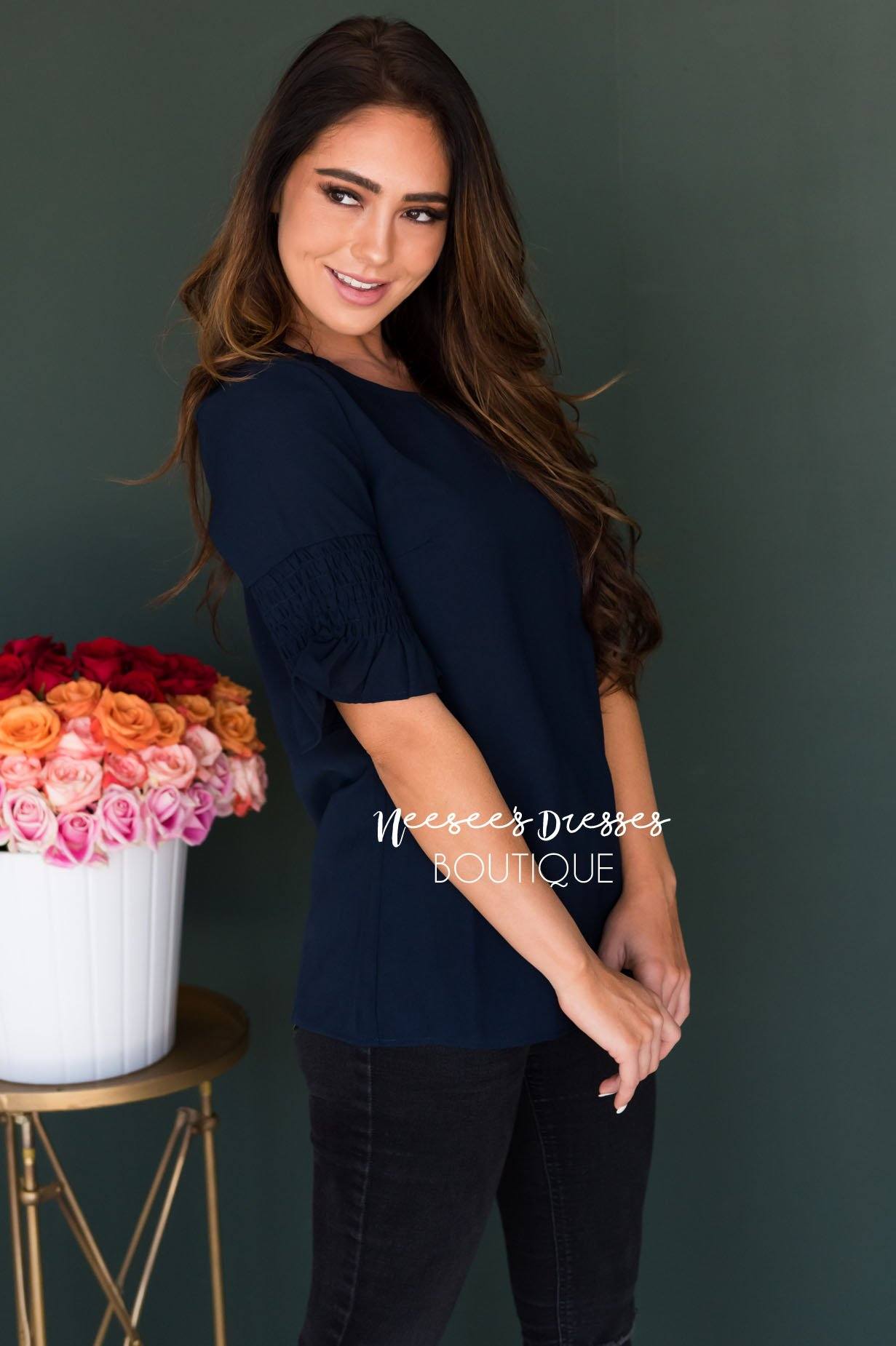 Something New Gathered Sleeve Top Modest Dresses vendor-unknown 