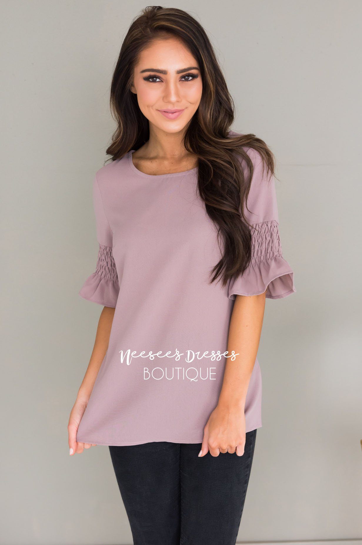 Something New Gathered Sleeve Top Modest Dresses vendor-unknown 