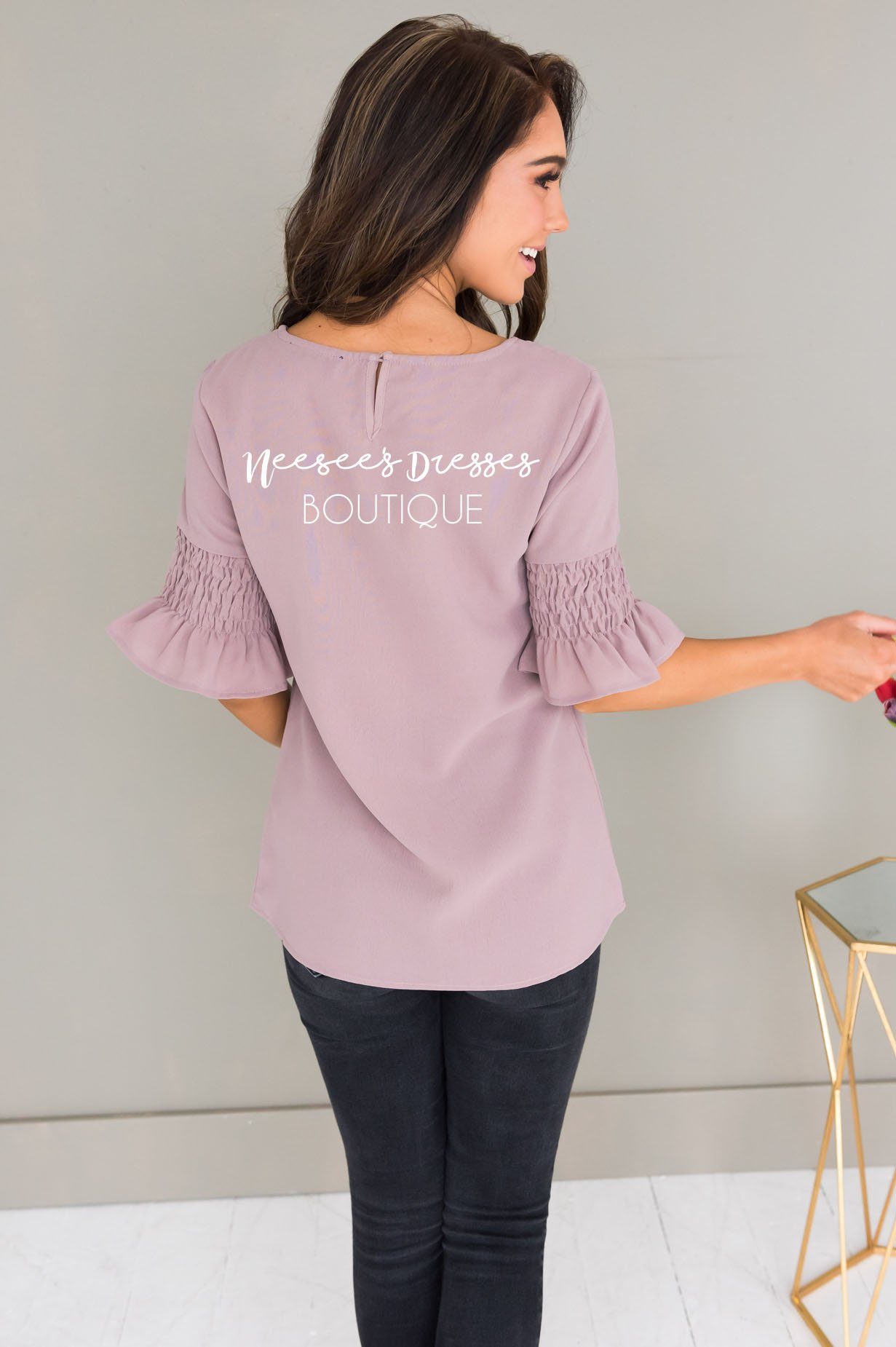 Something New Gathered Sleeve Top Modest Dresses vendor-unknown 