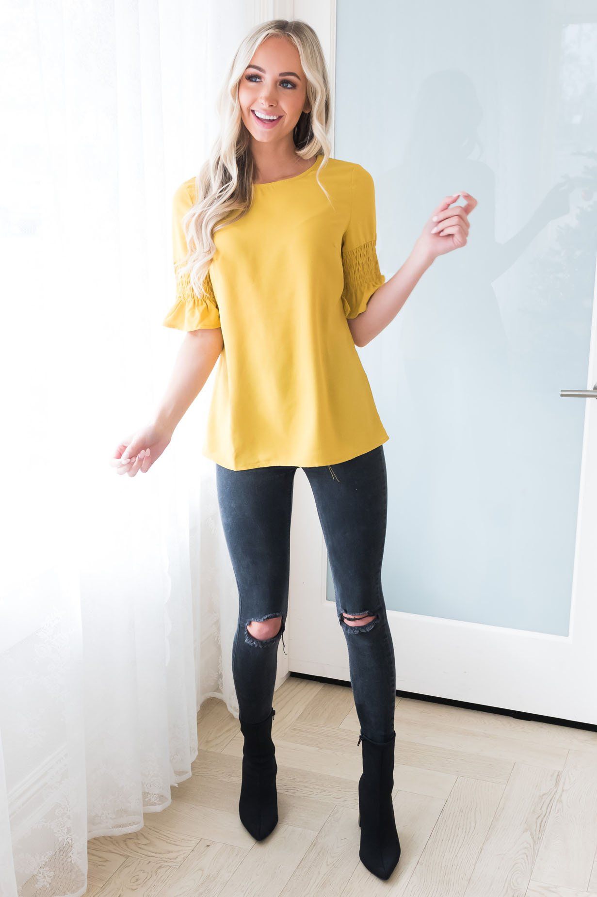 Something New Gathered Sleeve Top Modest Dresses vendor-unknown 