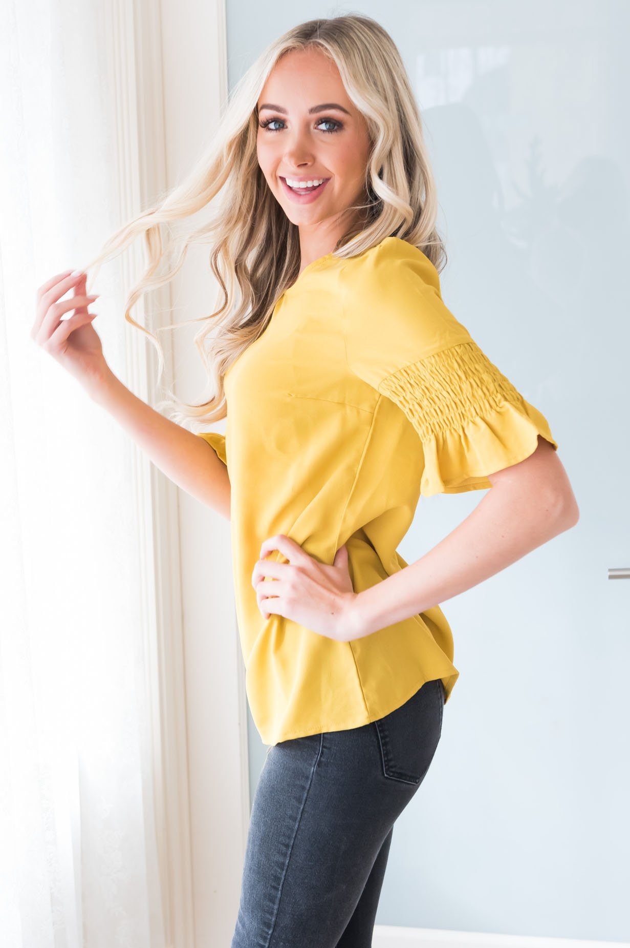 Something New Gathered Sleeve Top Modest Dresses vendor-unknown 