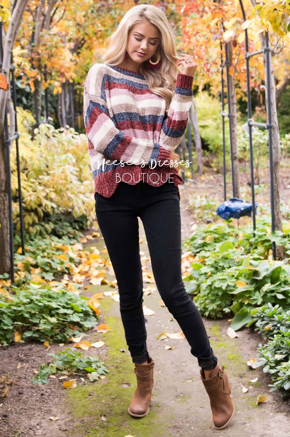 Striped Chenille Knit Scallop Hem Sweater Tops vendor-unknown 