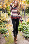 Striped Chenille Knit Scallop Hem Sweater Tops vendor-unknown