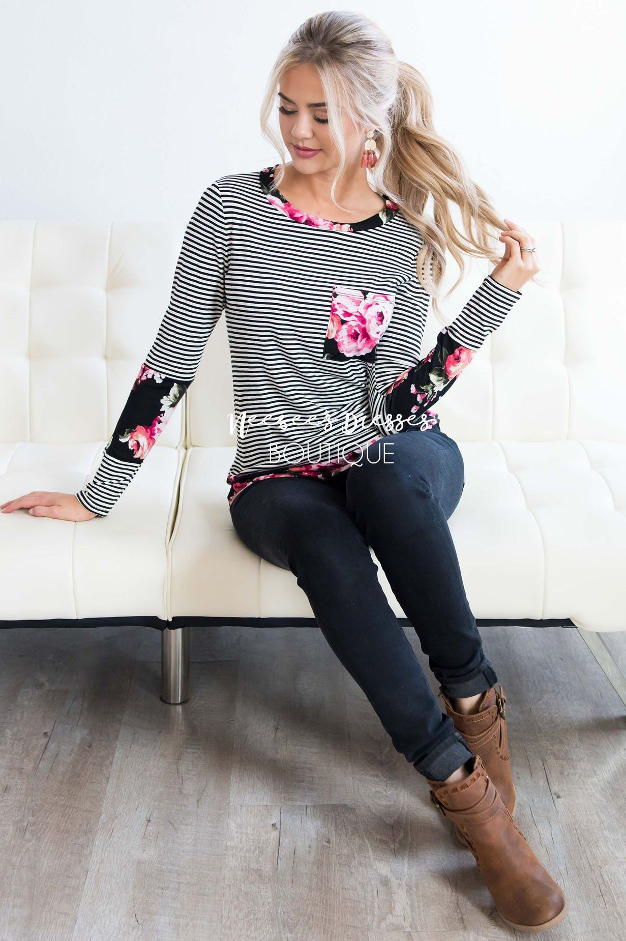 Blooming Blossom Floral & Striped Top Tops vendor-unknown 