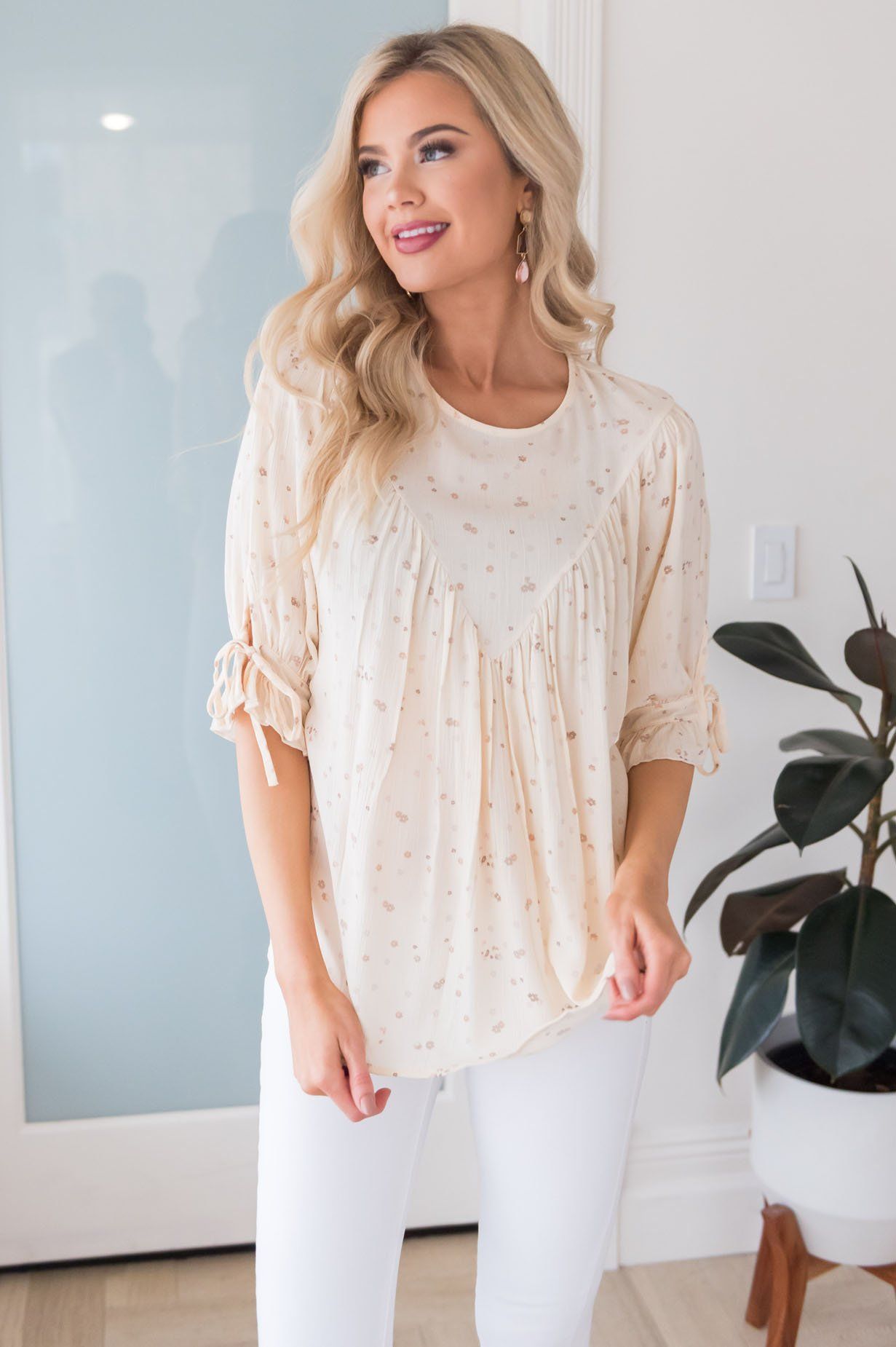 Summer Flowers Modest Tie Sleeve Top Tops vendor-unknown 