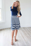 Navy & White Striped Sweater Knit Dress Modest Dresses vendor-unknown