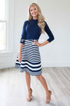 Navy & White Striped Sweater Knit Dress Modest Dresses vendor-unknown 