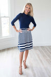 Navy & White Striped Sweater Knit Dress Modest Dresses vendor-unknown