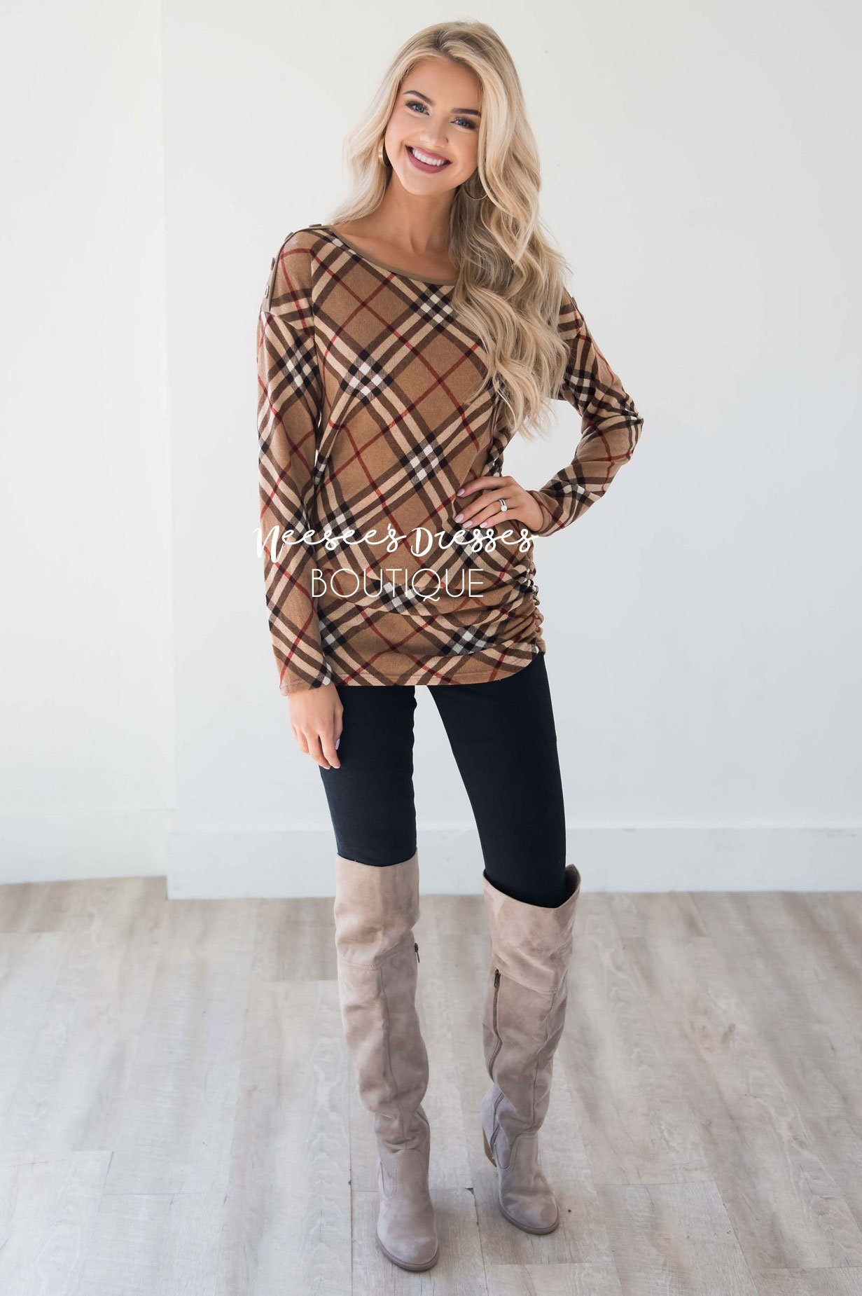 Plaid Sweater with Button Shoulders Tops vendor-unknown 