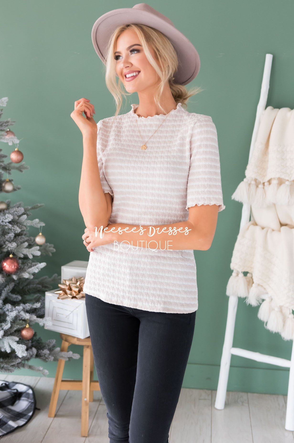 Winning with Stripes Textured Top Modest Dresses vendor-unknown 