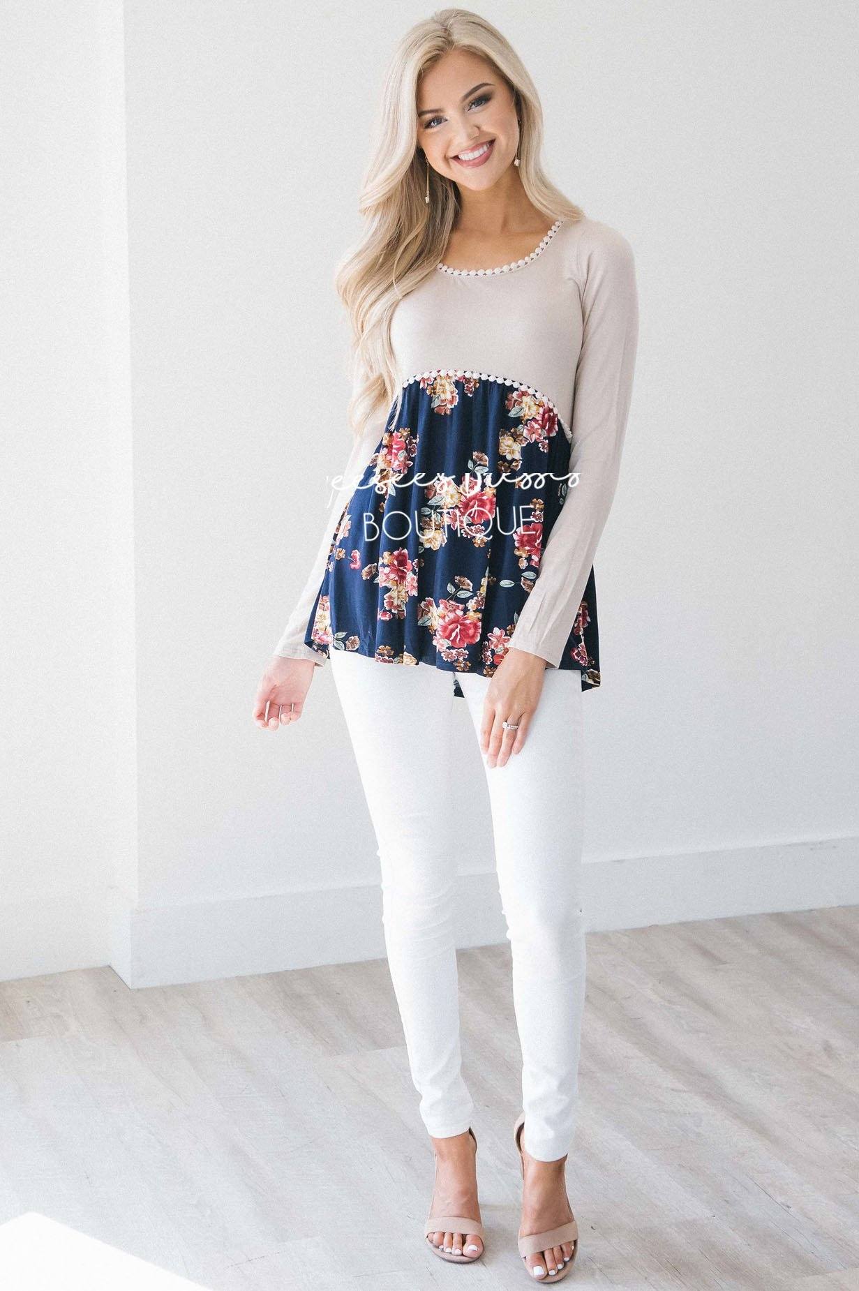 Taupe & Navy Floral Lace Trim Blouse Tops vendor-unknown 