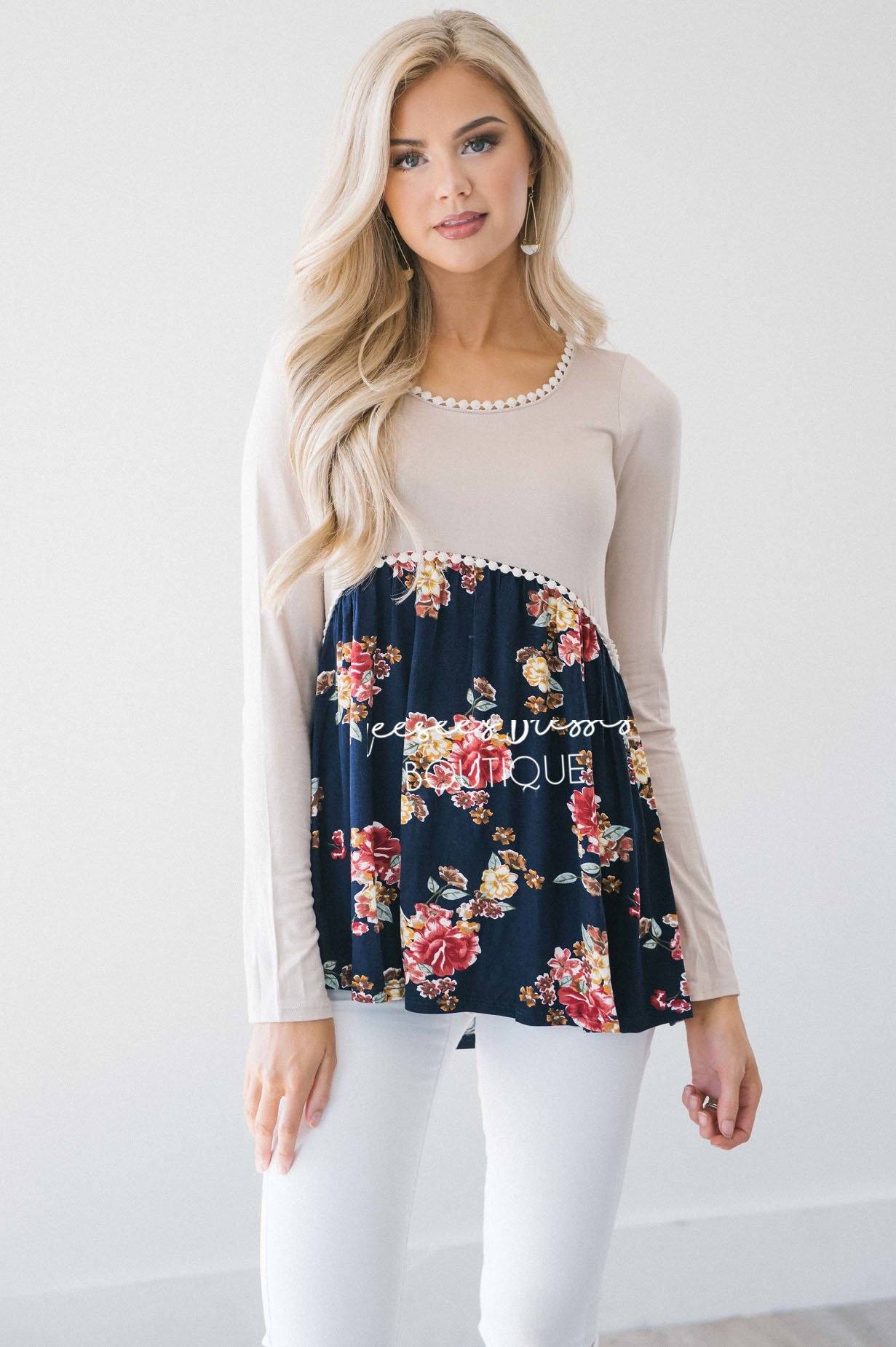 Taupe & Navy Floral Lace Trim Blouse Tops vendor-unknown 