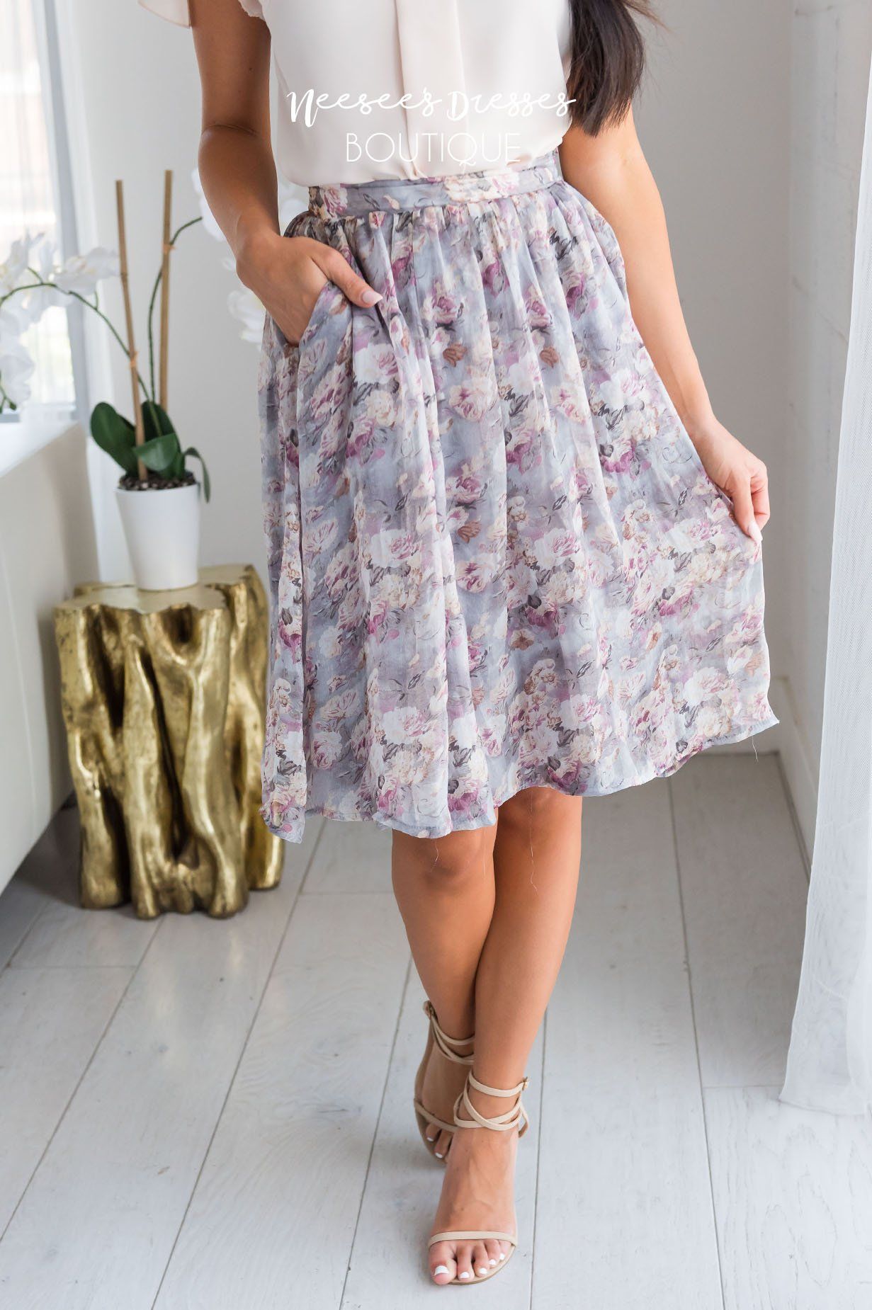 Twinkle Chiffon Gray Floral Pocket Skirt Skirts vendor-unknown 