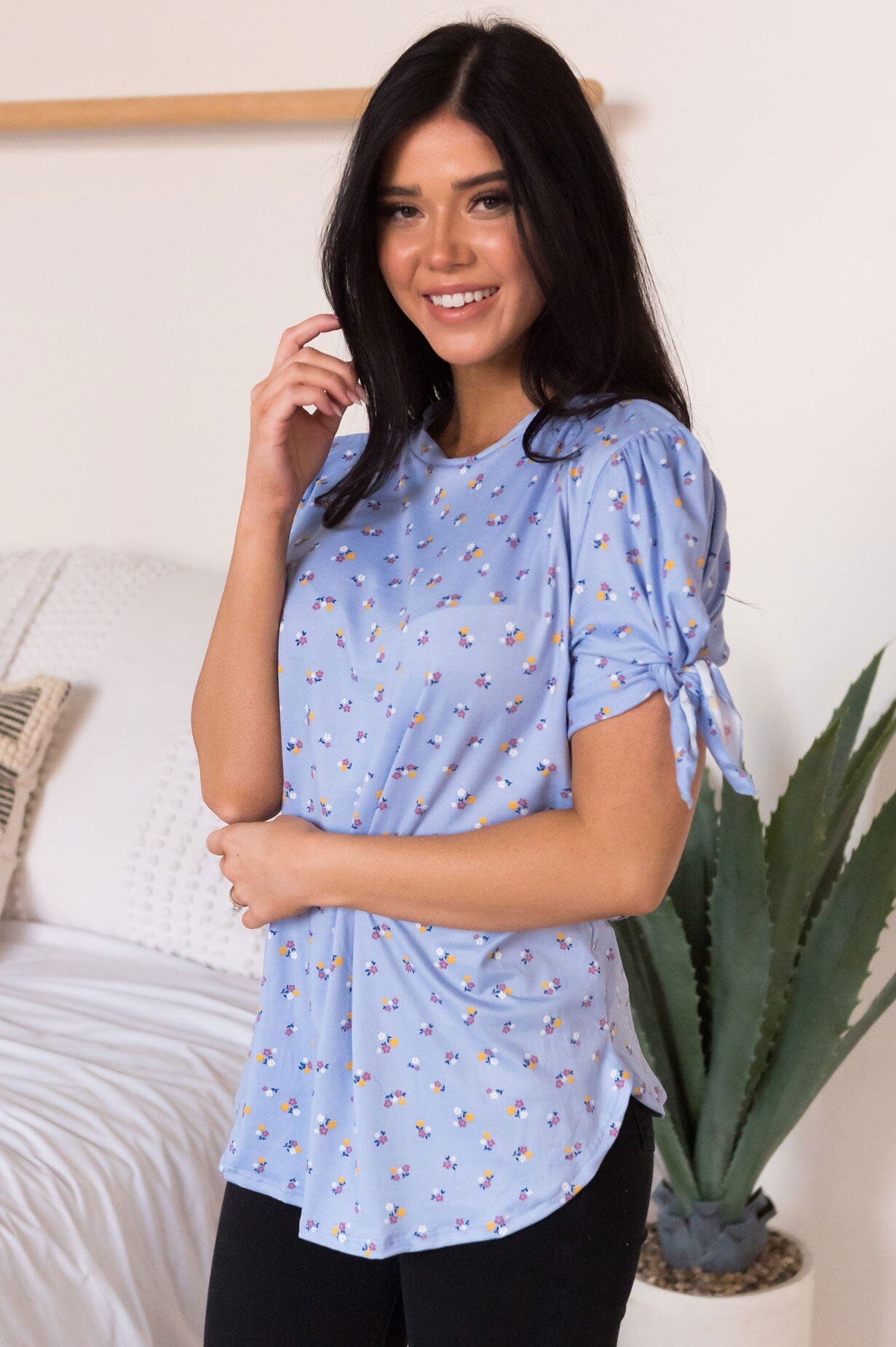 Ditsy Floral Tie Sleeve Modest Top NeeSee's Dresses 