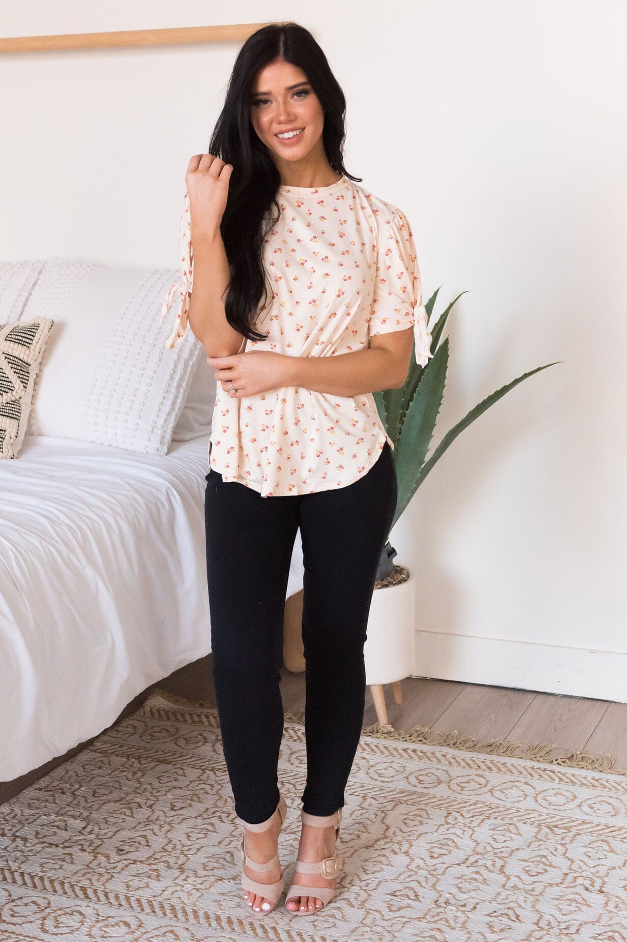 Ditsy Floral Tie Sleeve Modest Top NeeSee's Dresses 