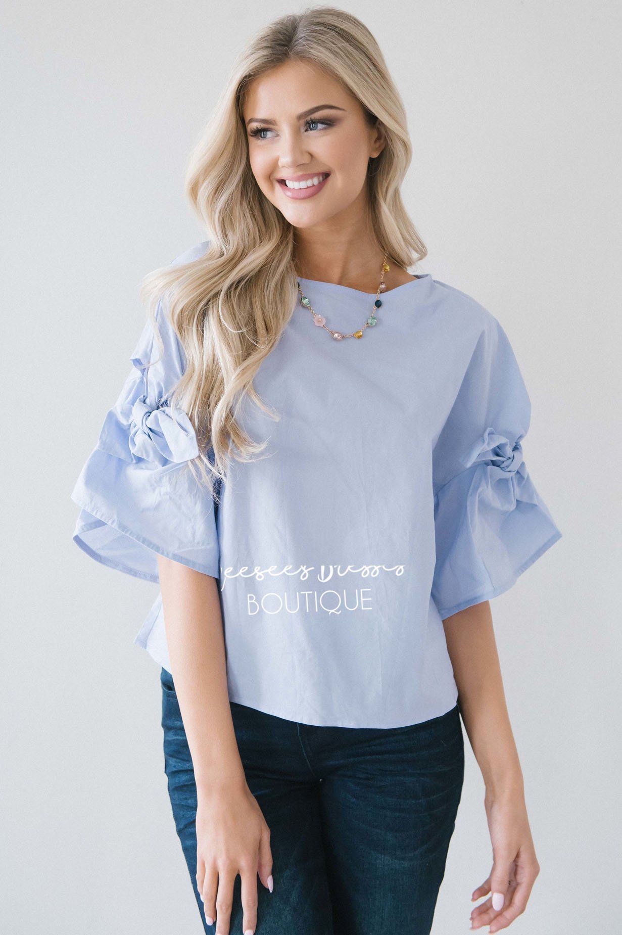 Light Chambray Tie Sleeve Top Tops vendor-unknown 