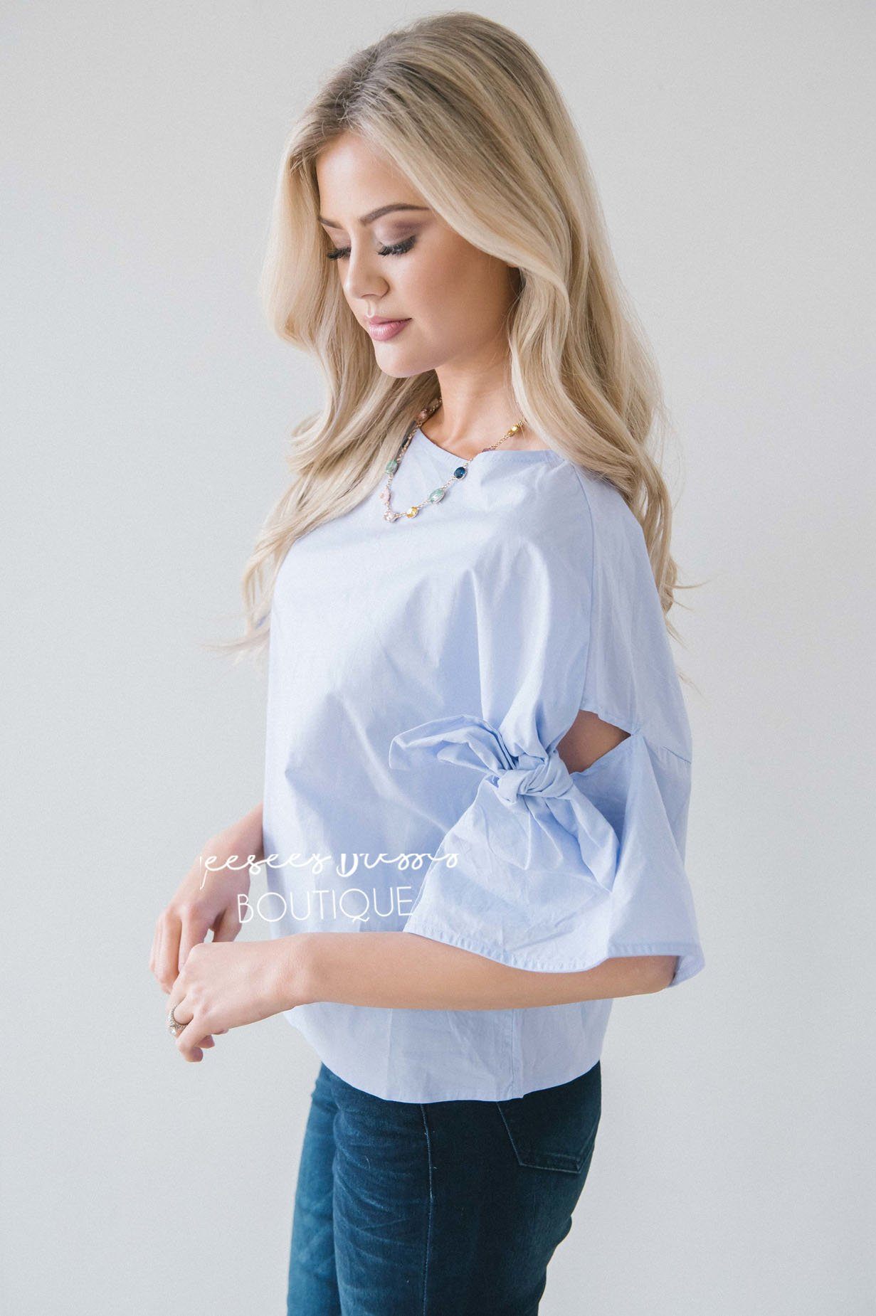 Light Chambray Tie Sleeve Top Tops vendor-unknown 