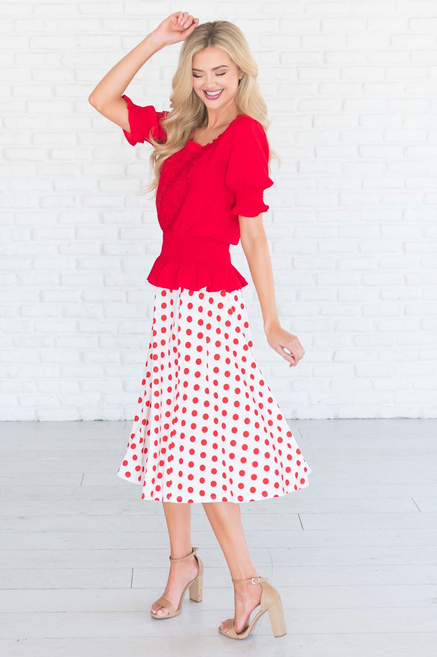 Twirling Dotted Modest Aline Skirt Skirts vendor-unknown 