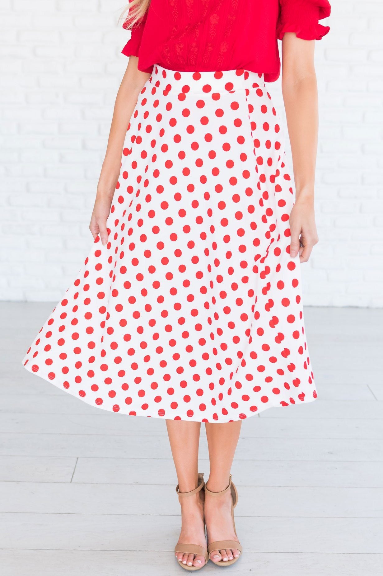 Twirling Dotted Modest Aline Skirt Skirts vendor-unknown 