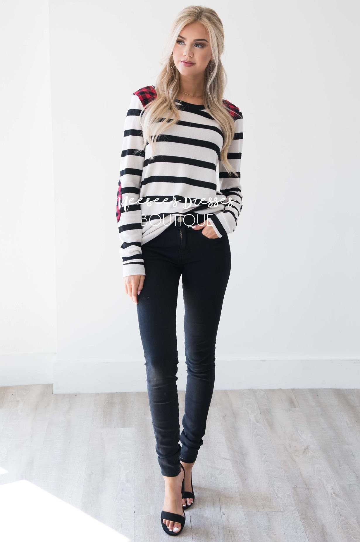 Charming As Can Be Striped Elbow Patch Sweater Tops vendor-unknown 