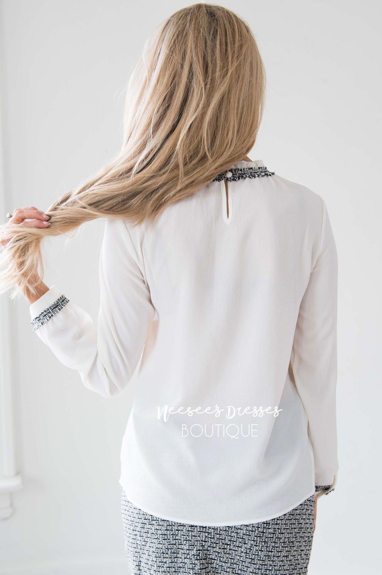 Tweed Trim Victorian Neck Blouse Tops vendor-unknown 