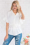 Button Up Cinched Waist Blouse Tops vendor-unknown