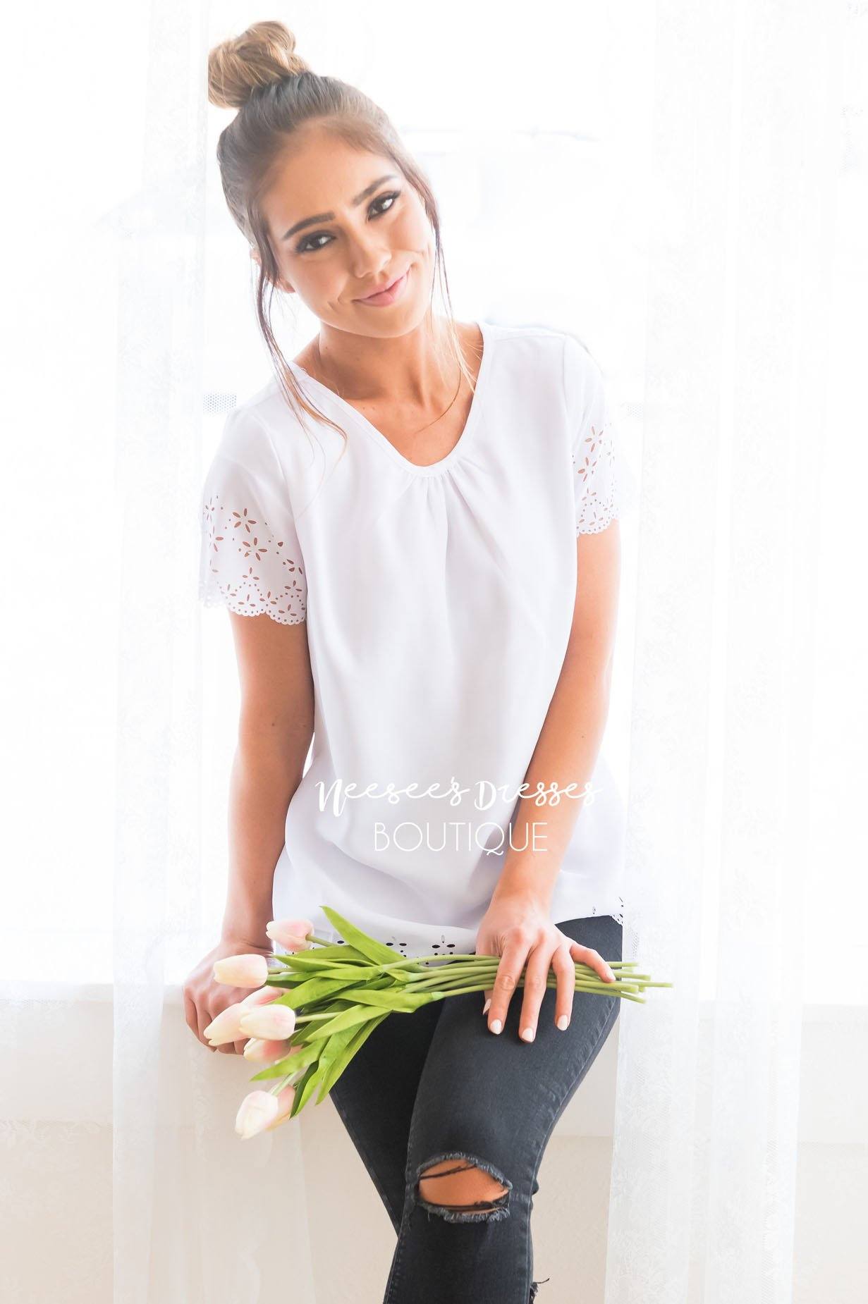 Living In The Moment Modest Eyelet Blouse Modest Dresses vendor-unknown 