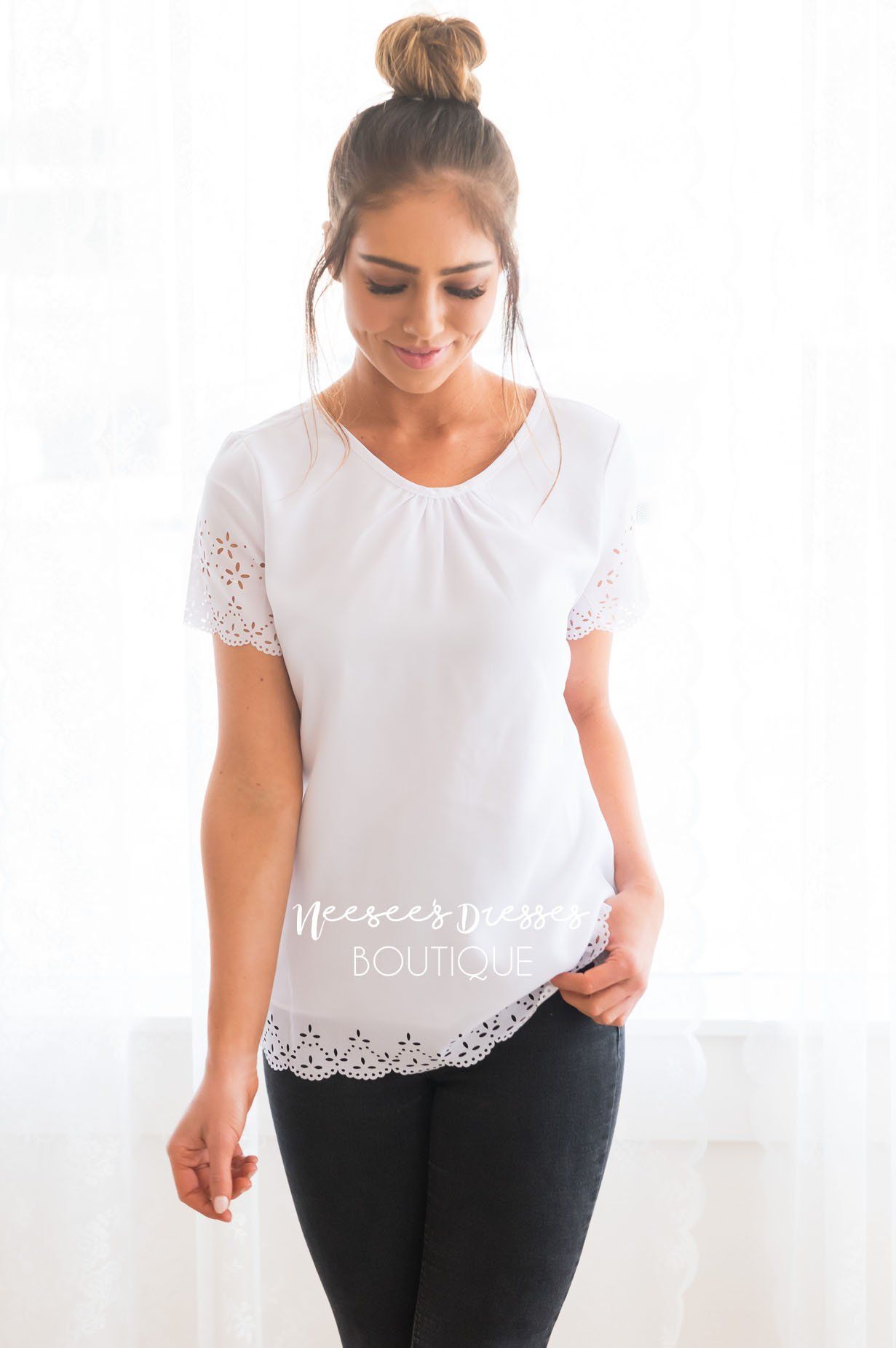 Living In The Moment Modest Eyelet Blouse Modest Dresses vendor-unknown 