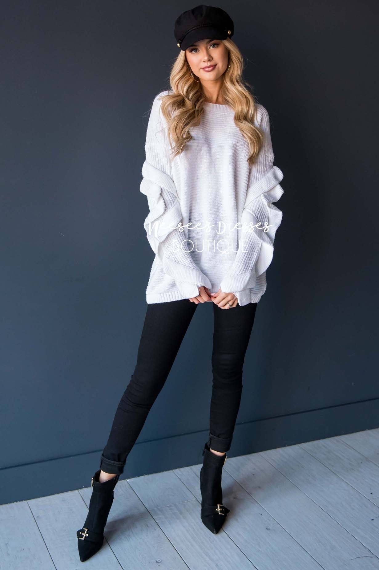 White Ruffle Sleeve Sweater Tops vendor-unknown 
