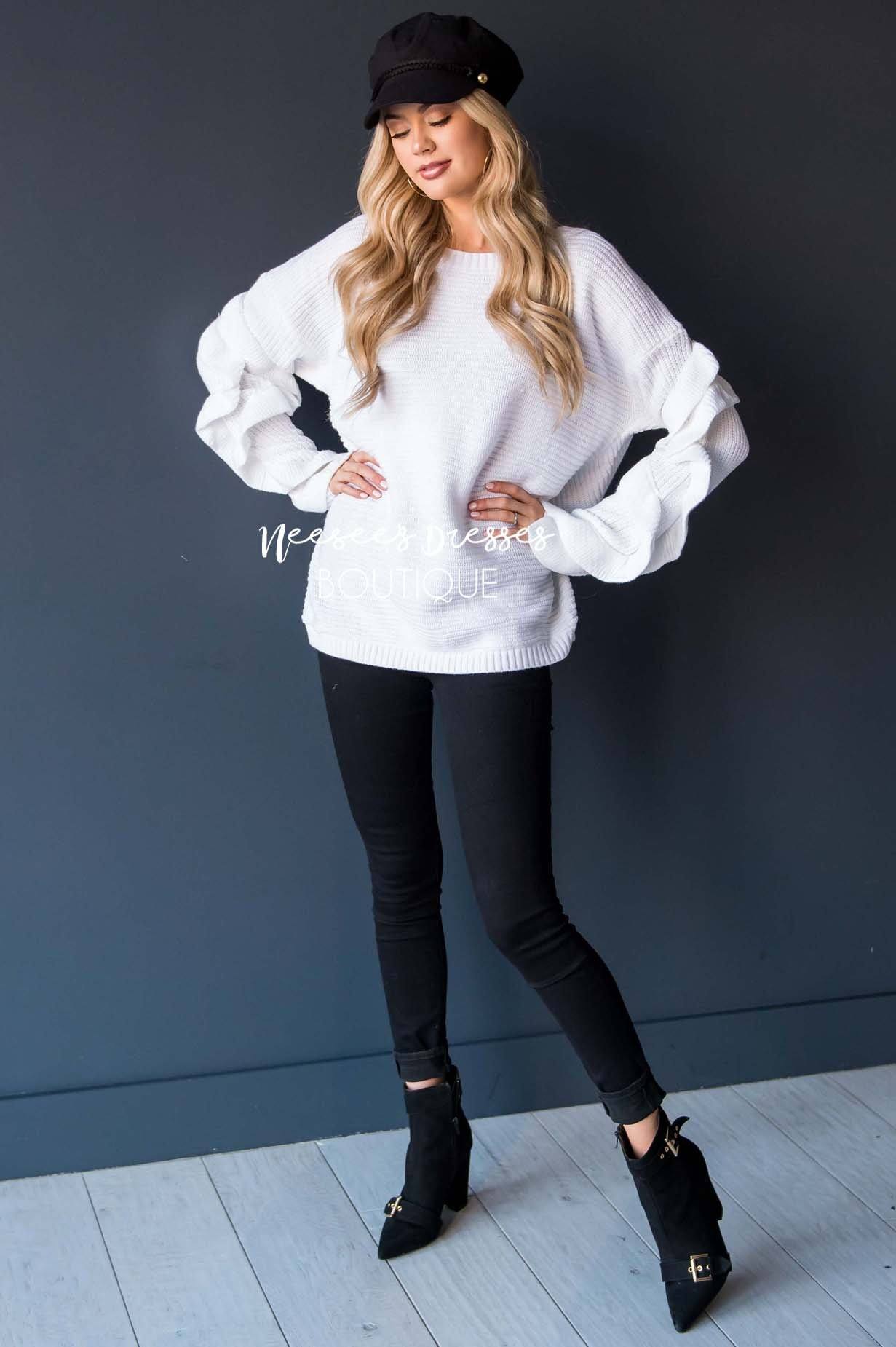 White Ruffle Sleeve Sweater Tops vendor-unknown 