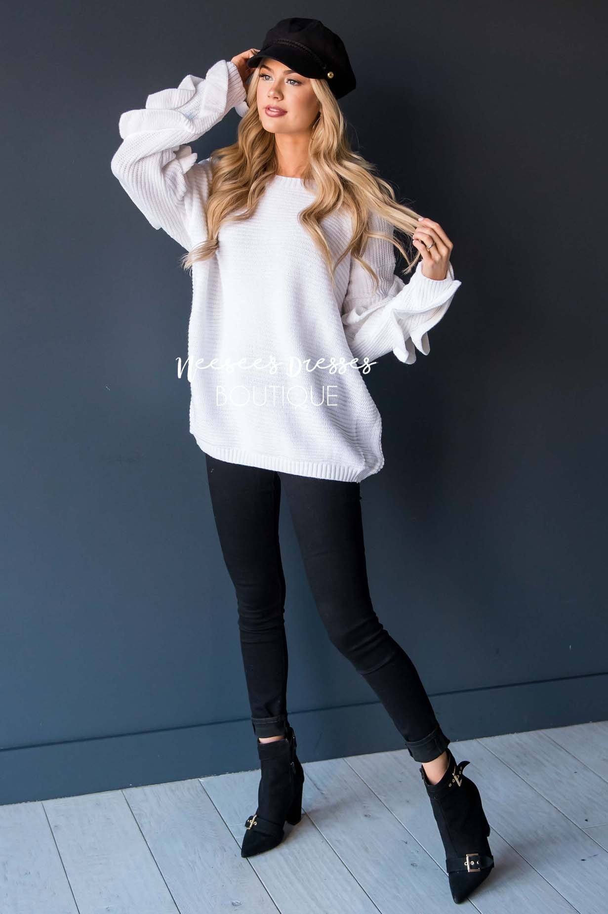 White Ruffle Sleeve Sweater Tops vendor-unknown 