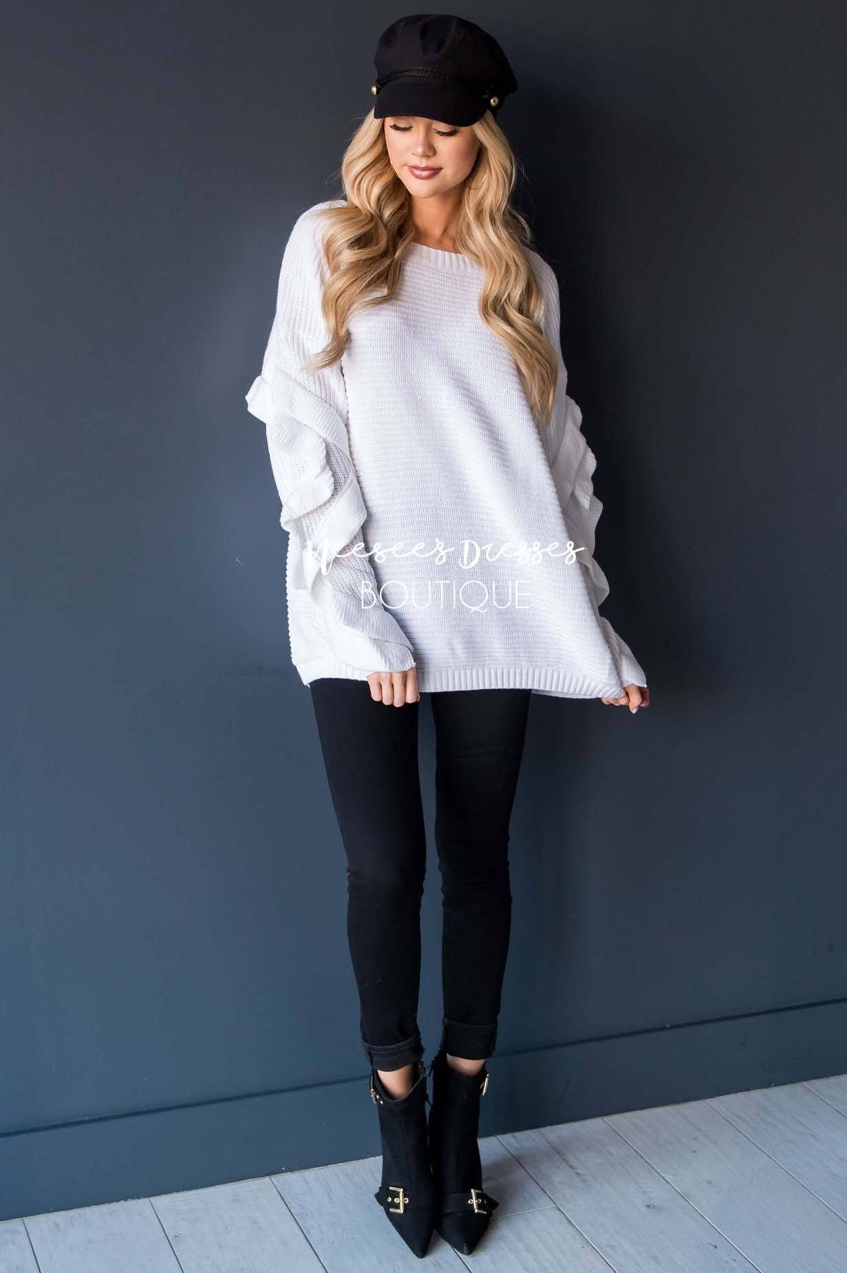 White Ruffle Sleeve Sweater Tops vendor-unknown 