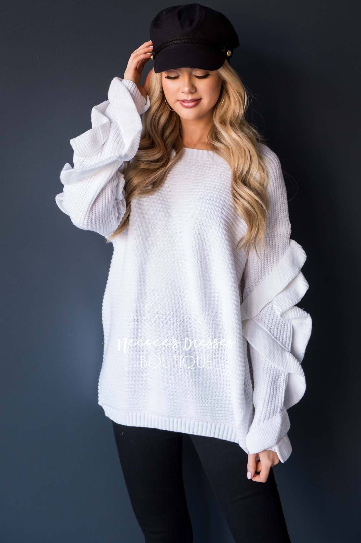 White Ruffle Sleeve Sweater Tops vendor-unknown 