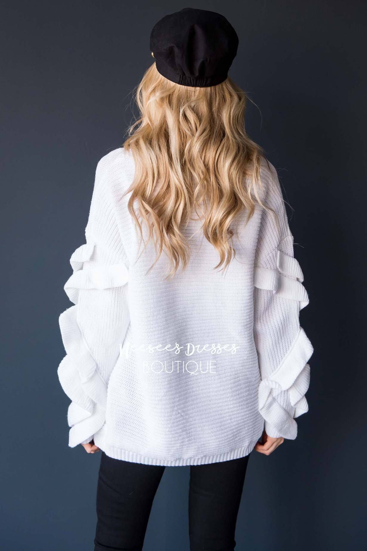 White Ruffle Sleeve Sweater Tops vendor-unknown 