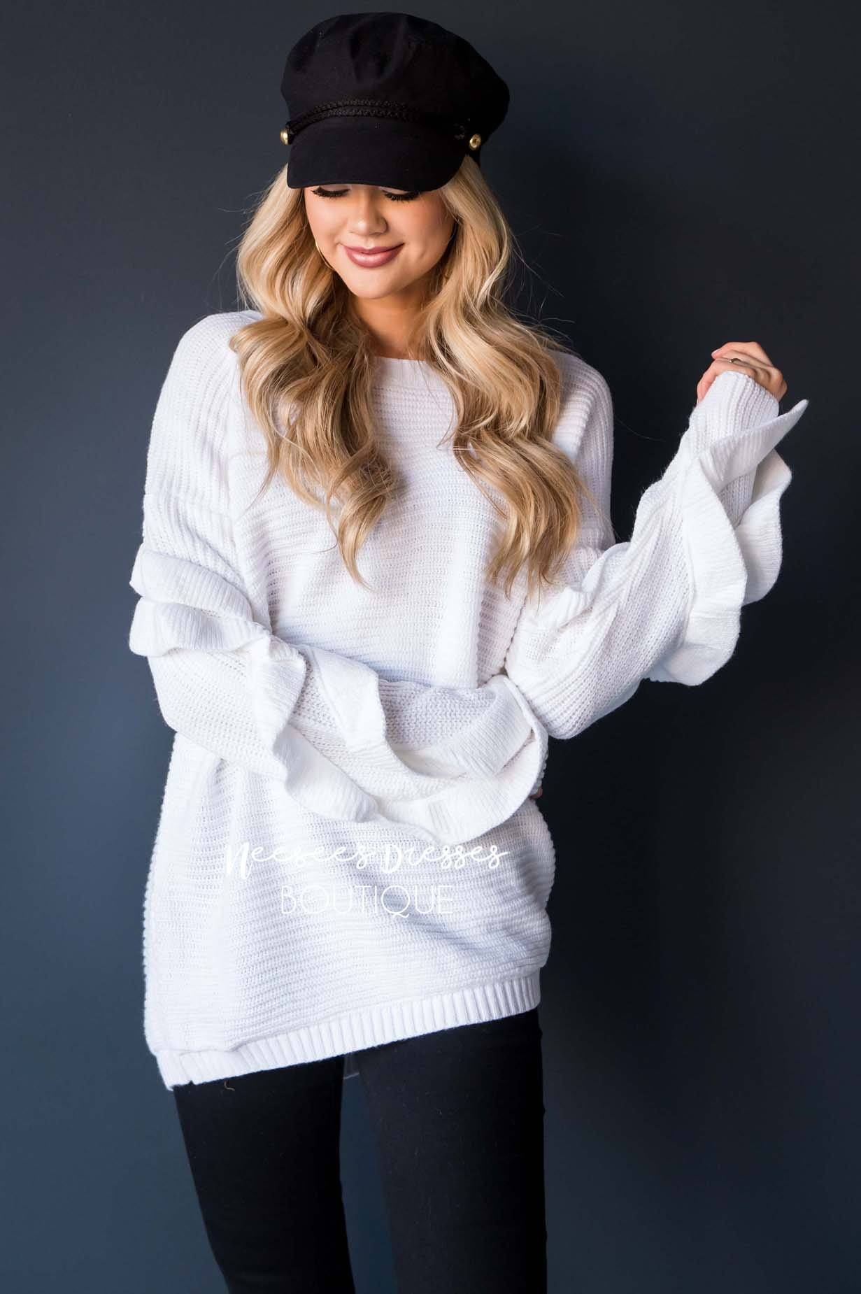 White Ruffle Sleeve Sweater Tops vendor-unknown 