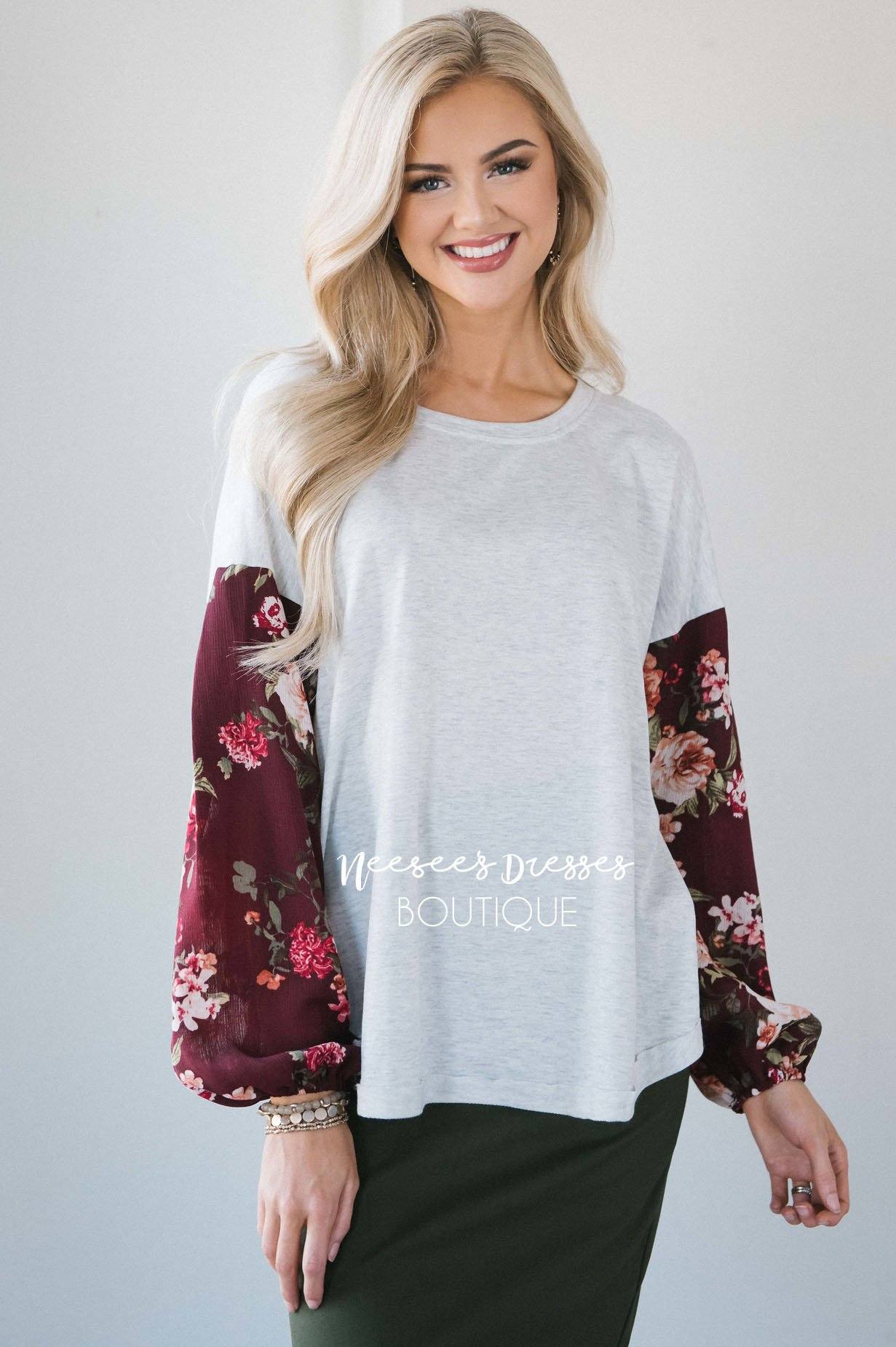 Chiffon Floral Bubble Sleeve Sweater Tops vendor-unknown 