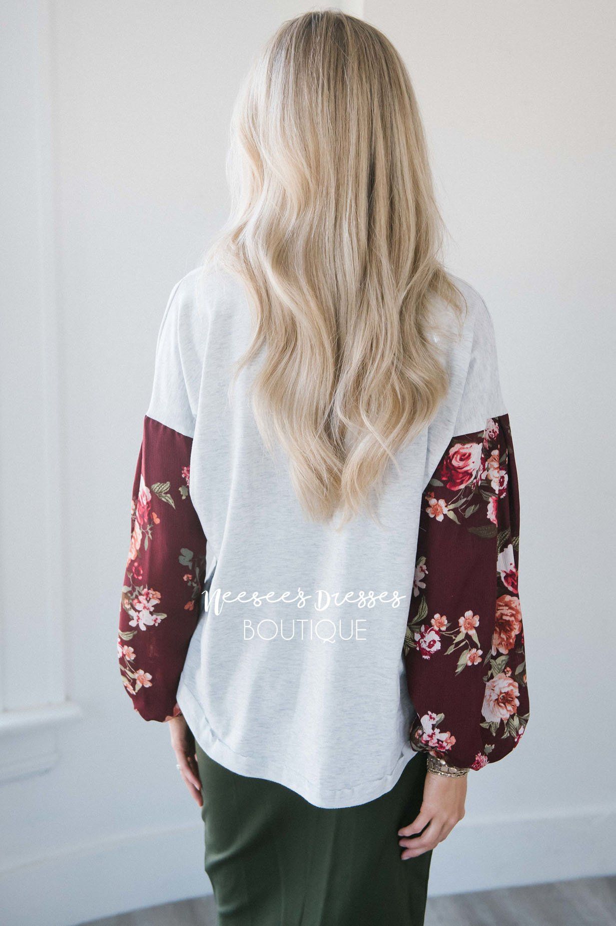 Chiffon Floral Bubble Sleeve Sweater Tops vendor-unknown 