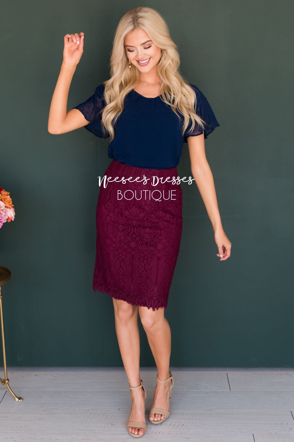 Lovely Wine Lace Pencil Skirt Skirts vendor-unknown 